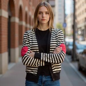 Poof Girl Kids Striped Black & White Cardigan with Red Heart Elbow Patches​​